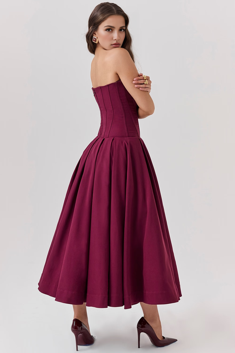 Wine Strapless Midi Dress