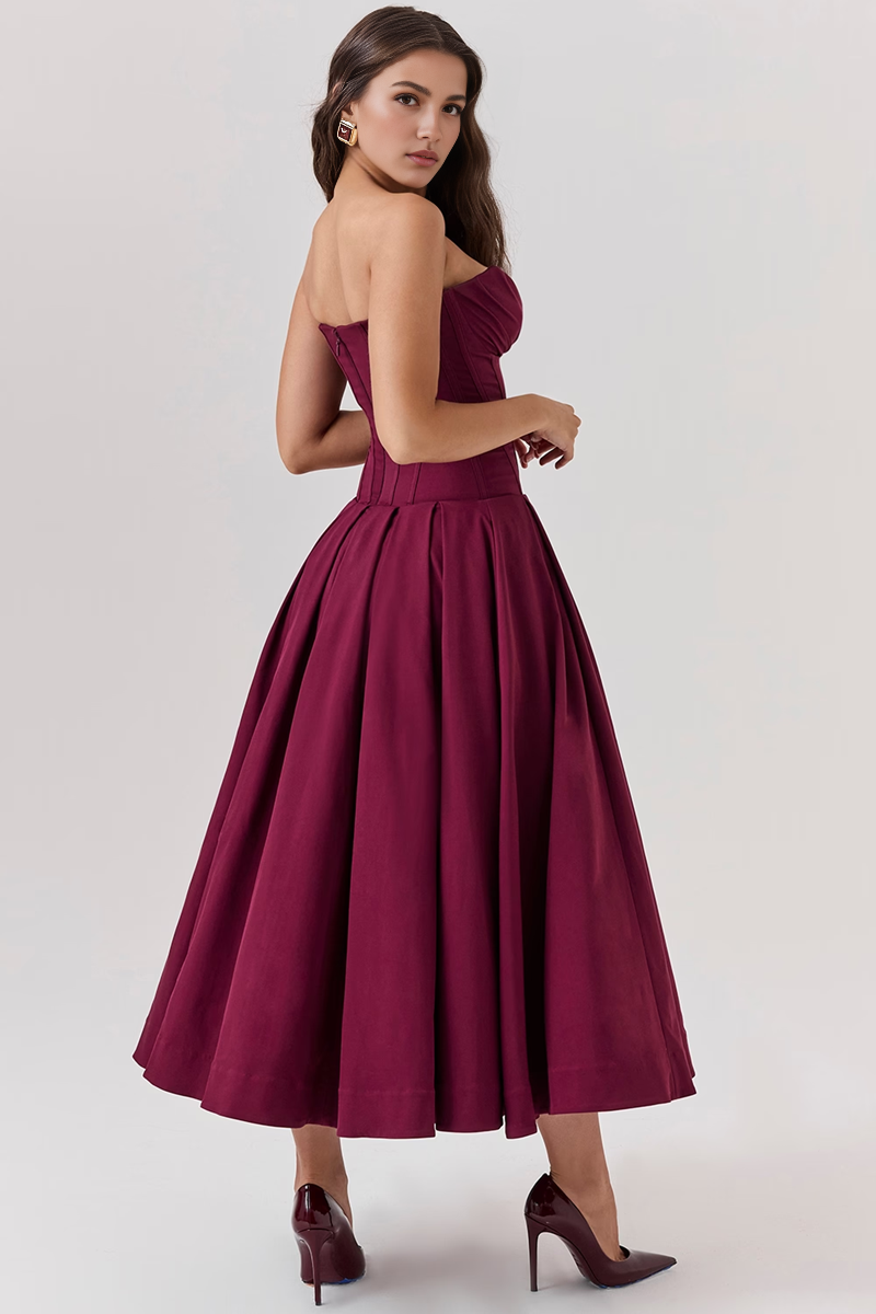 Wine Strapless Midi Dress