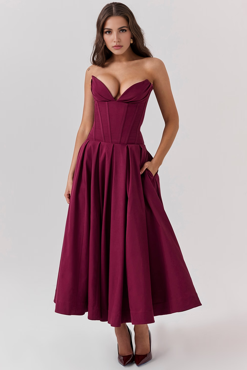 Wine Strapless Midi Dress