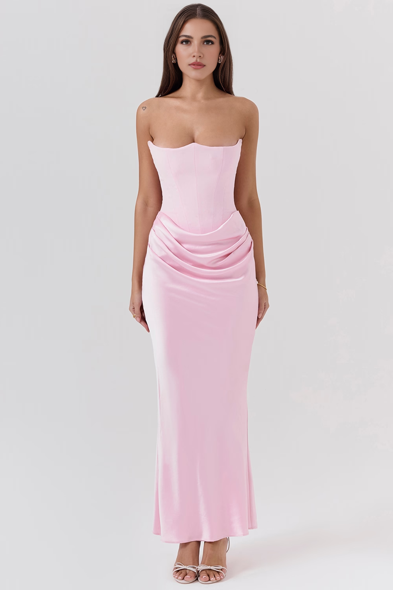 Pink Satin Strapless Corset Maxi Dress