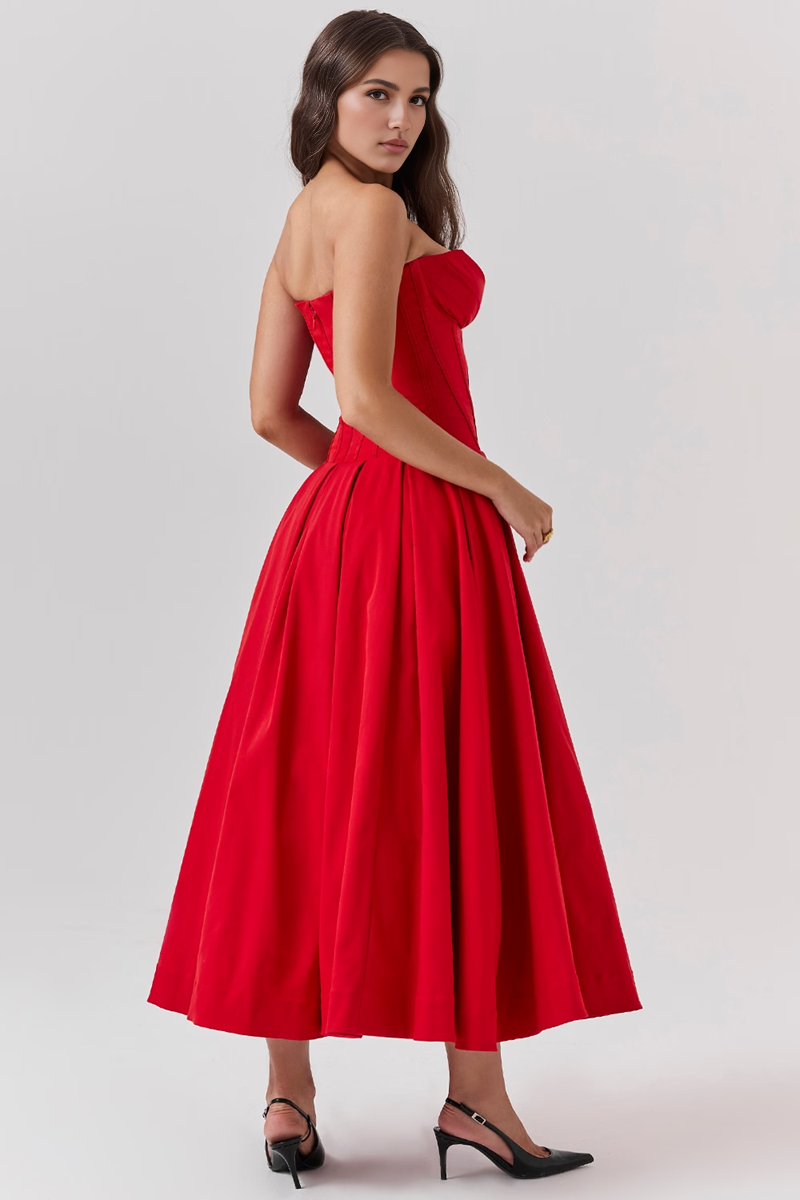 Red Strapless Corset Midi Dress
