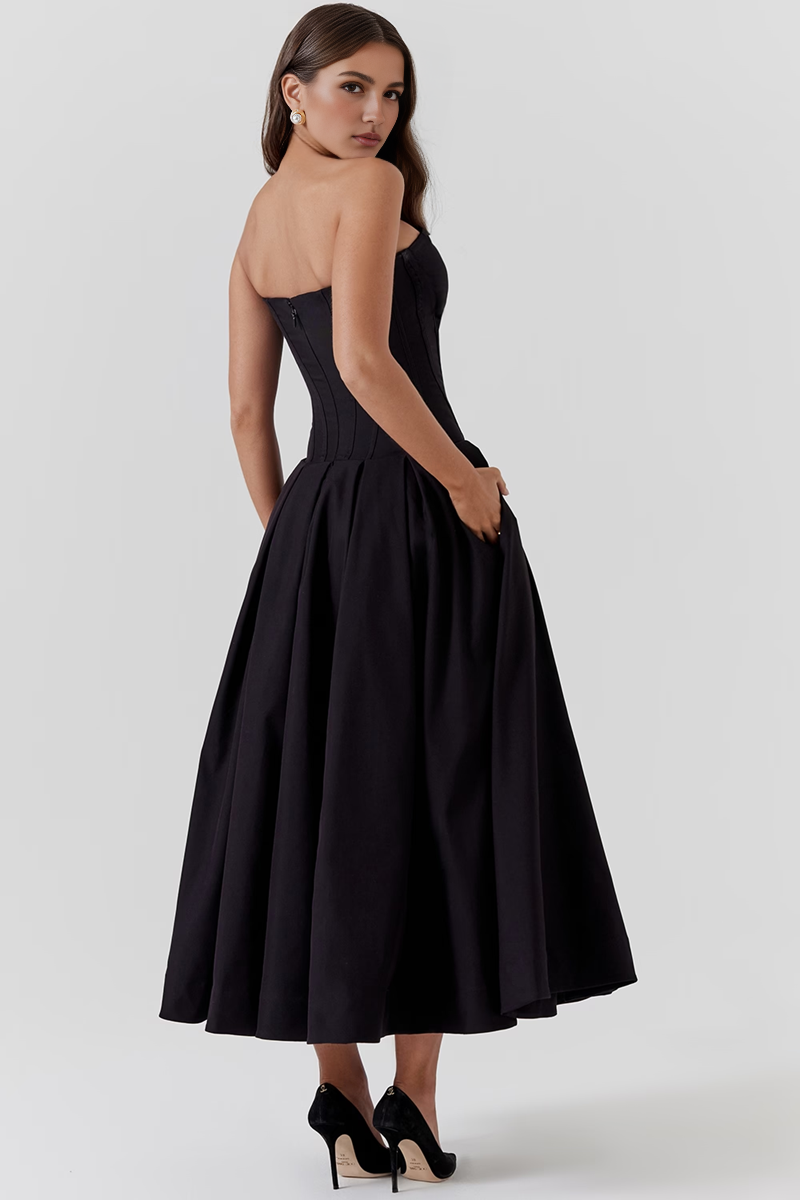 Black Strapless Corset Midi Dress