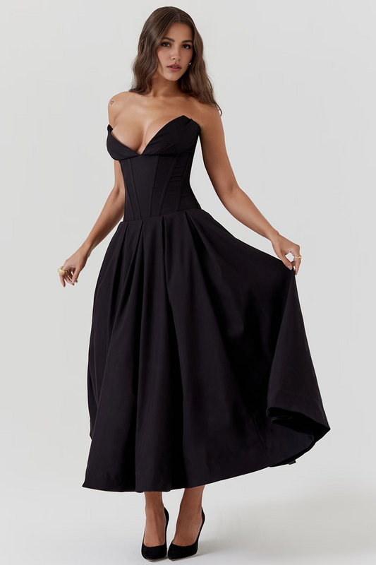 Black Strapless Corset Midi Dress