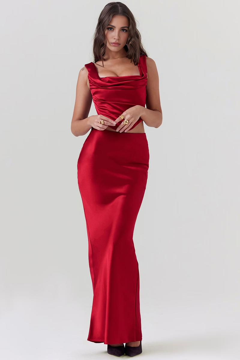 Wine Satin Bodycon Two Piece Set