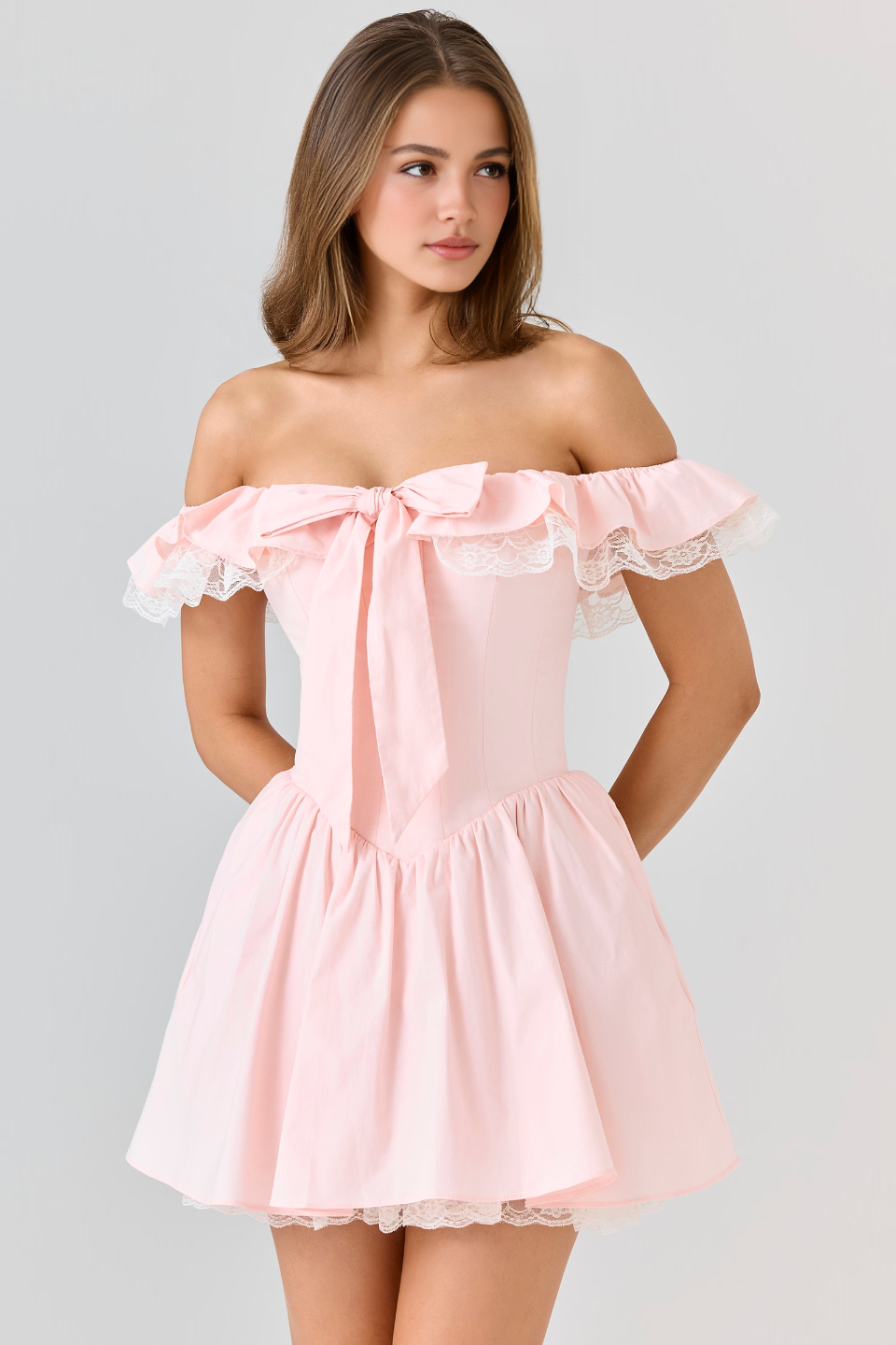 Pink Off Shoulder Lace Mini Dress