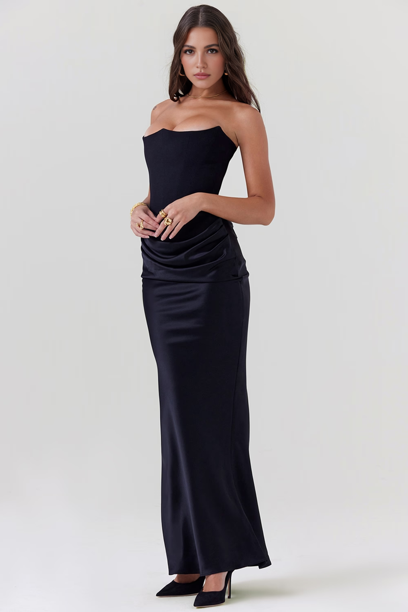 Black Satin Strapless Corset Maxi Dress