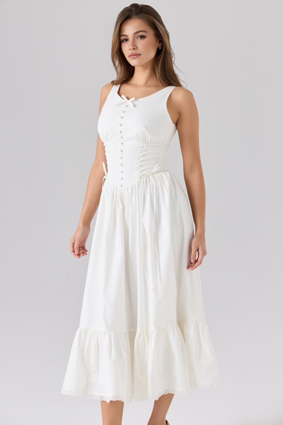 White A-Line High Waist Midi Dress