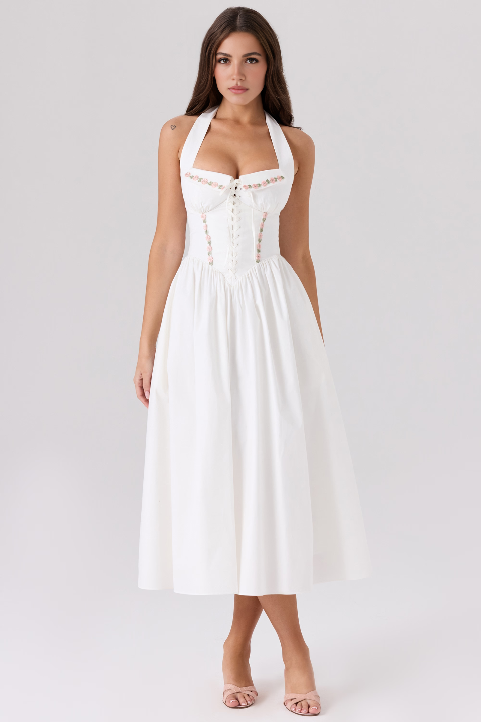 White Floral Embroidery Backless Midi Dress