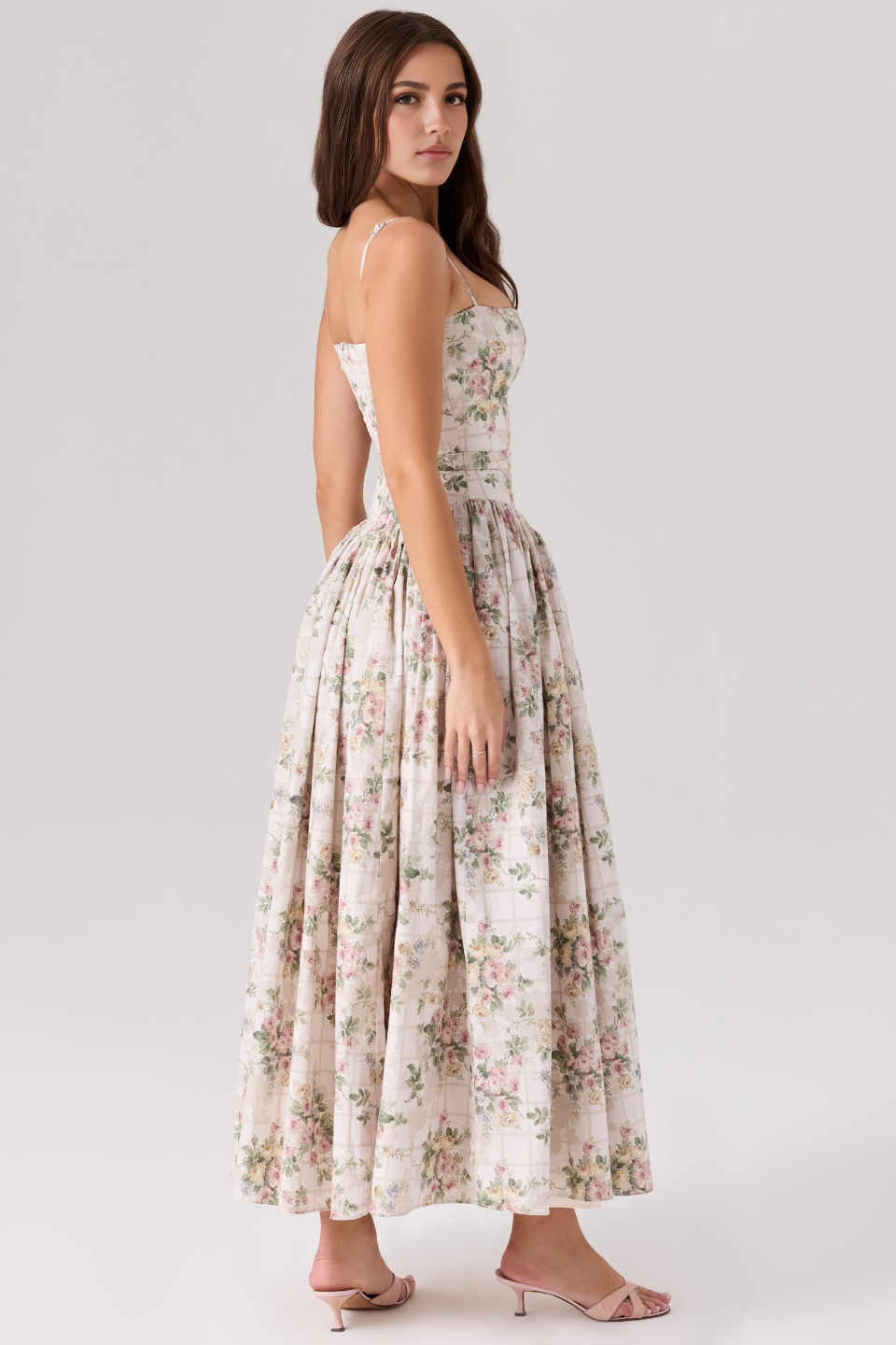 Beige Floral Midi Dress
