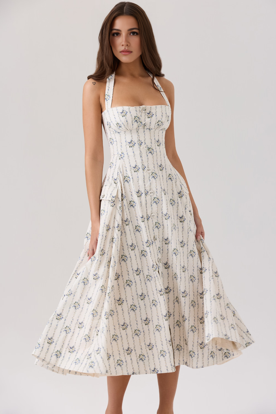Cream Floral Backless Midi Dress
