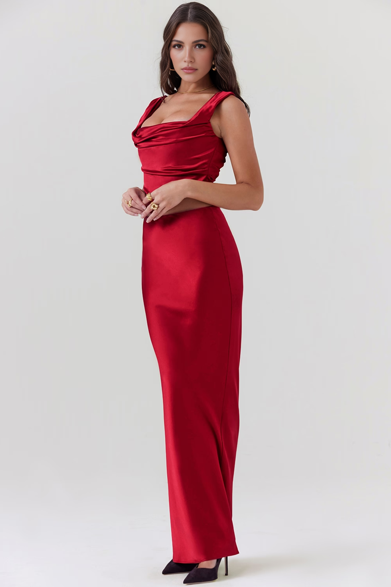 Wine Satin Bodycon Two Piece Set