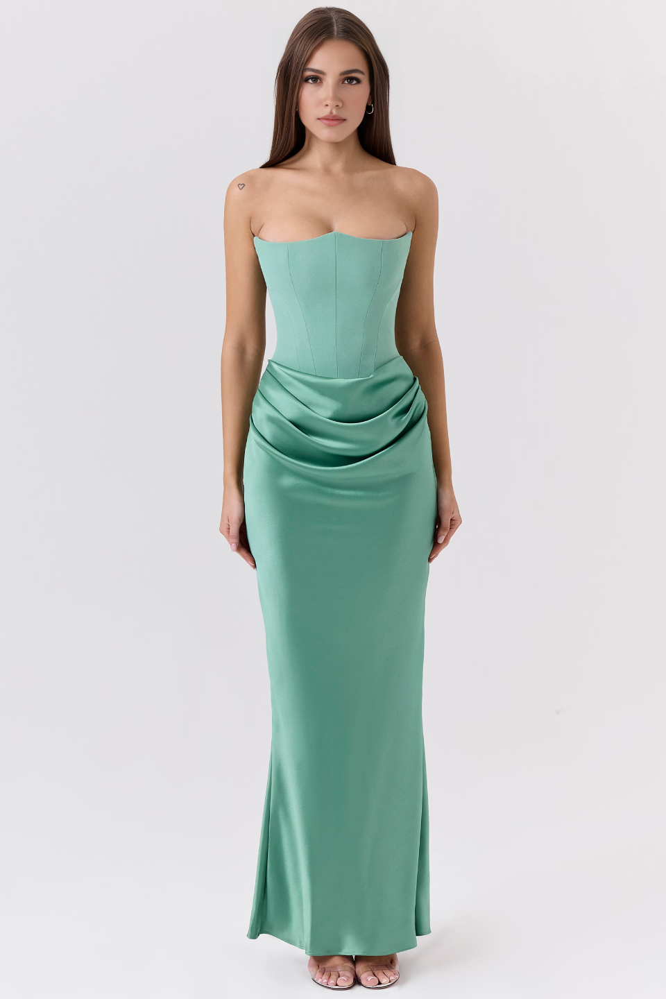Green Satin Strapless Corset Maxi Dress