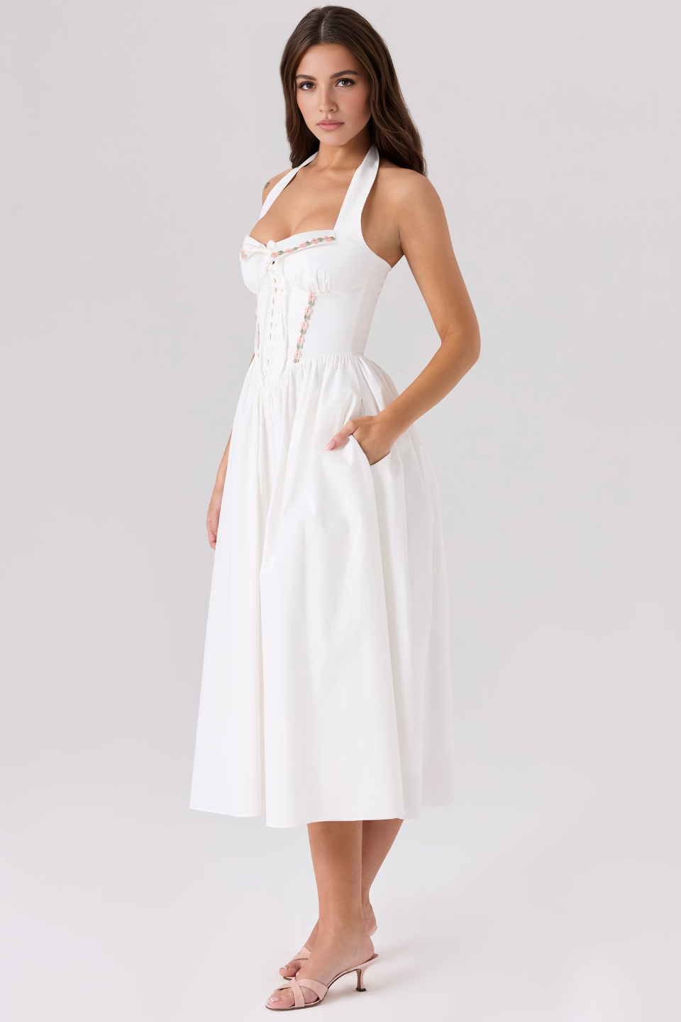 White Floral Embroidery Backless Midi Dress