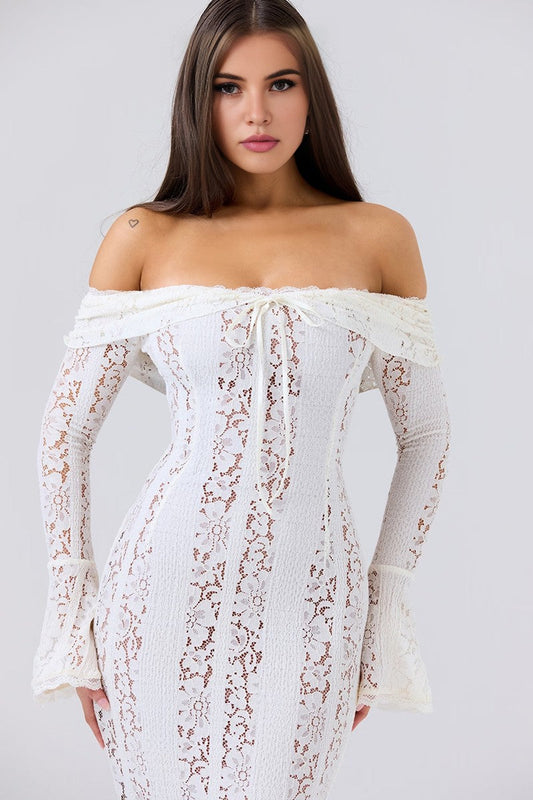 White Bodycon Long Sleeve Lace Maxi Dress