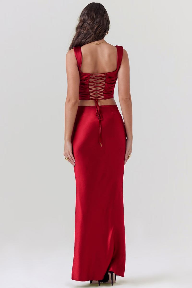 Wine Satin Bodycon Two Piece Set