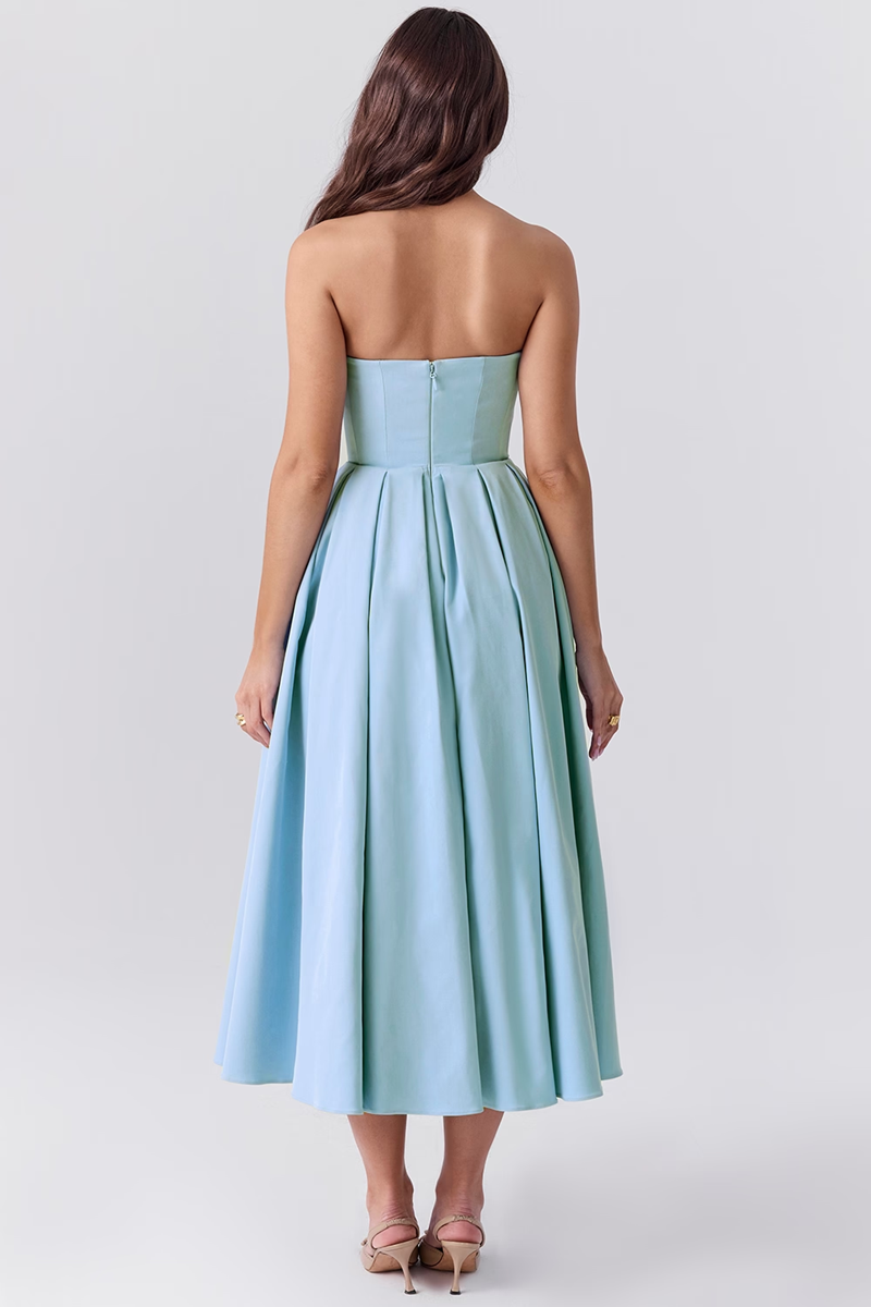 Blue Strapless Bodycon Midi Dress