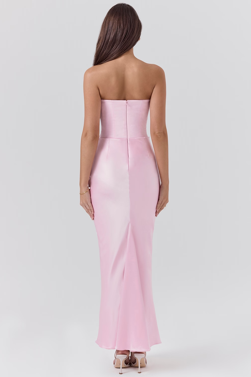 Pink Satin Strapless Corset Maxi Dress