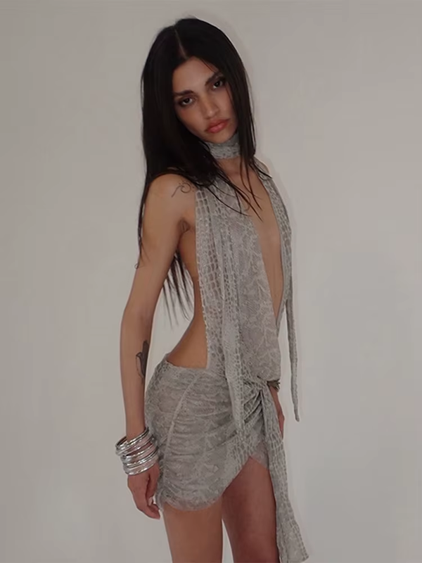 Snake Backless Ruched Mini Dress