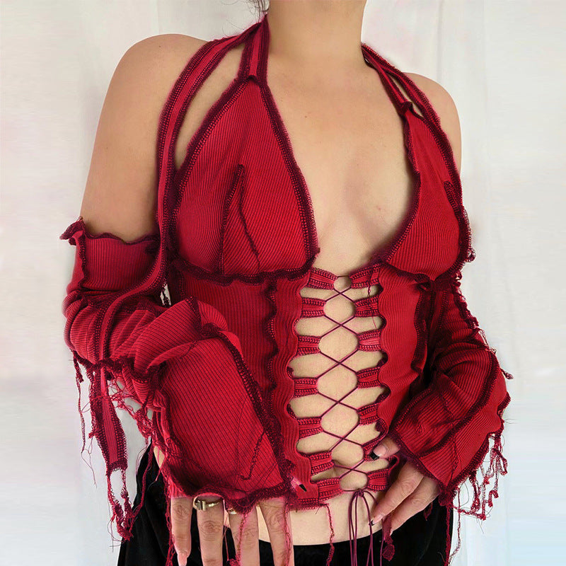 Long-sleeved T-shirt with Halterneck Tie On Chest