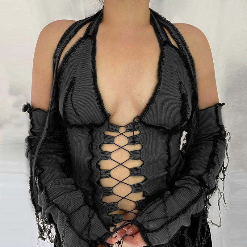 Long-sleeved T-shirt with Halterneck Tie On Chest