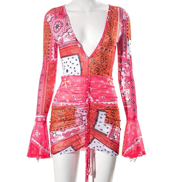 All-Match New Ins Deep V-Neck Print Flared Long-Sleeved Pleated Short Bar Dress