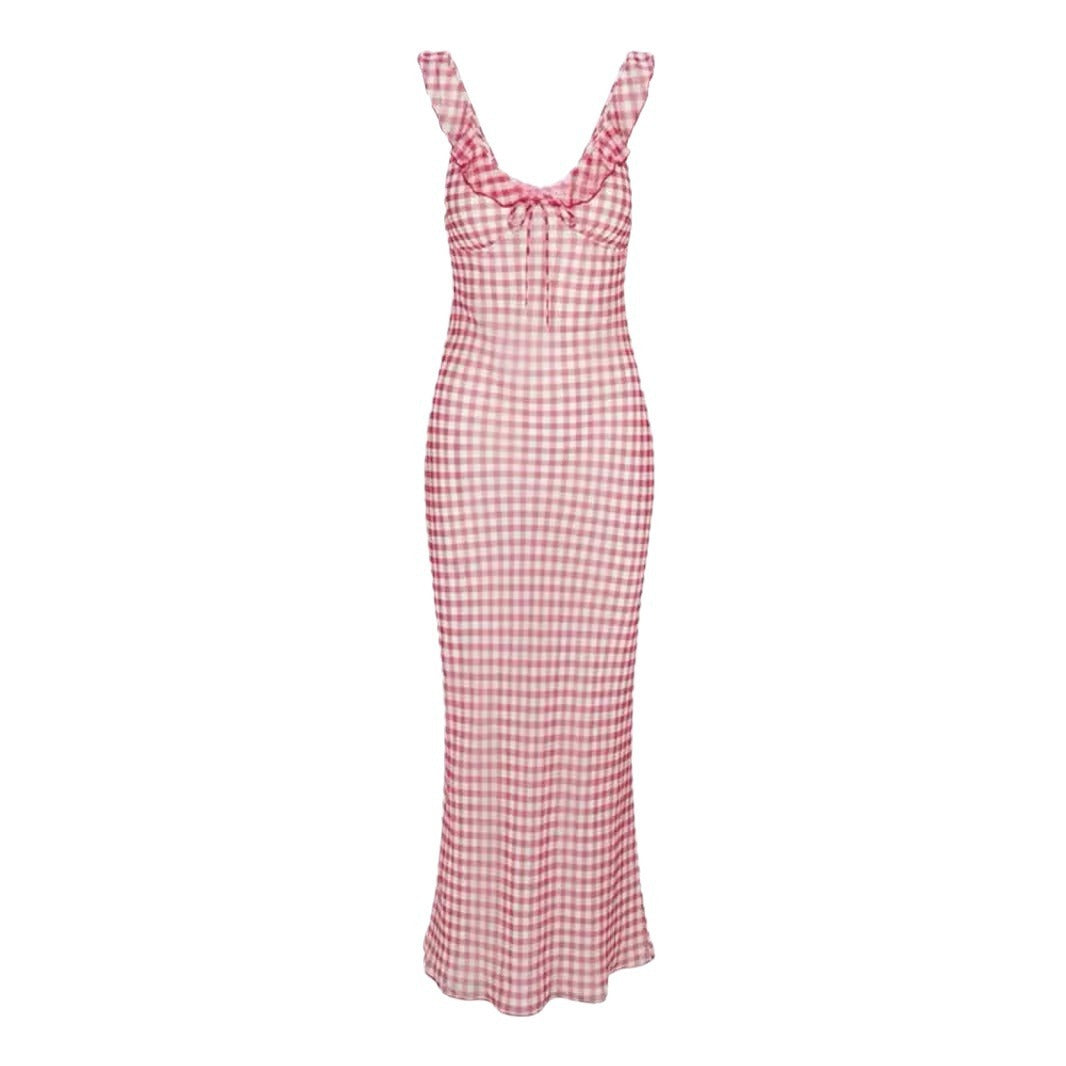 Idyllic Red Plaid Printed Sexy V-neck Ruffled Slim Fit Slimming Dress