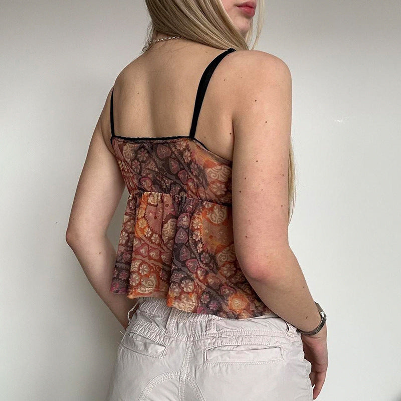 Women's Summer Lace-up Niche Retro Printed V-neck Cardigan Vest