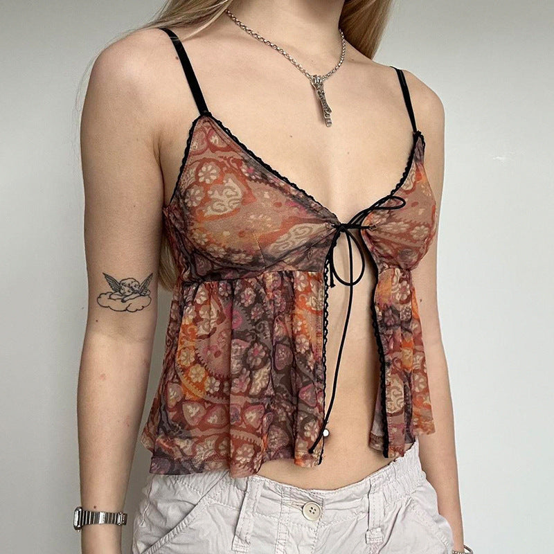 Women's Summer Lace-up Niche Retro Printed V-neck Cardigan Vest