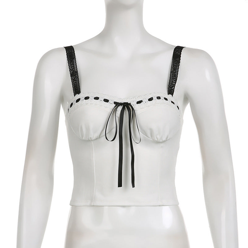 Black And White Contrasting Color Jacquard Strap Chest Split Camisole Hot Girl Short Top