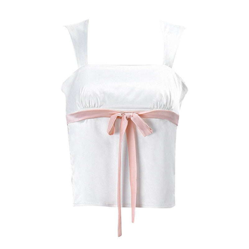 Women's Sweet Bow Contrast Color Lace-up Boat Neck Vest