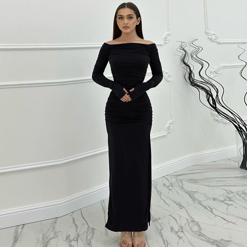 Women's Off-shoulder Off-the-shoulder Collar Tight Pleated Split Dress
