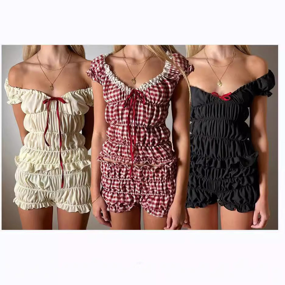 Women's Pleated Lace-up Short-sleeved Shorts Casual Suit