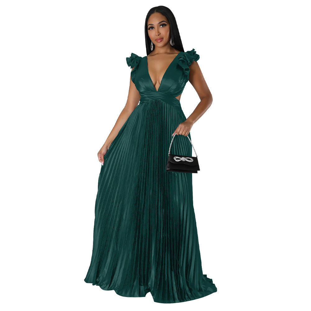 Faux Silk Back Deep V Pleated Dress