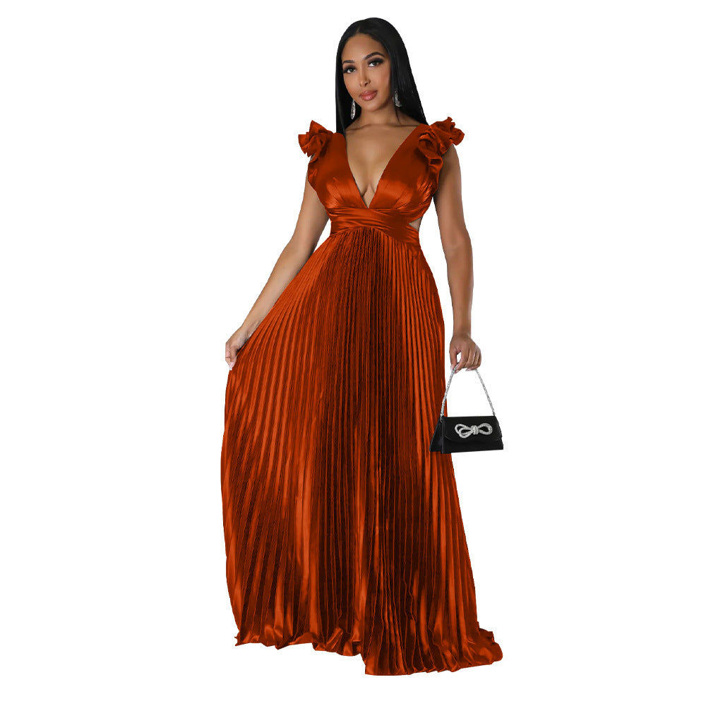 Faux Silk Back Deep V Pleated Dress