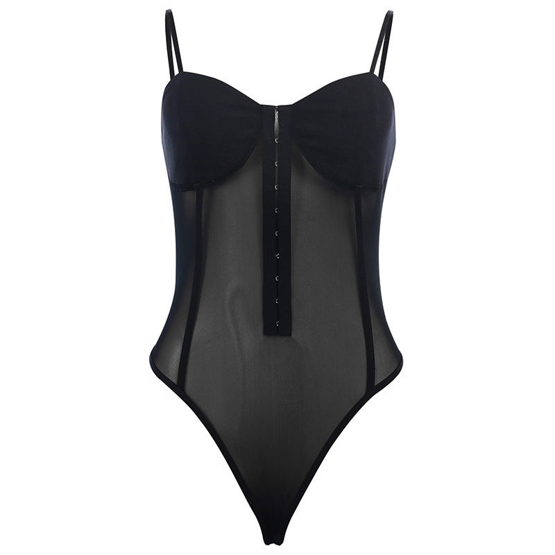 Snap button mesh splicing jumpsuit