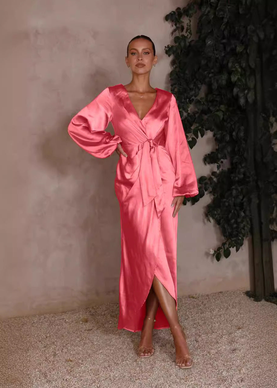 Waist-controlled Lace-up Satin Lantern Sleeve Dress