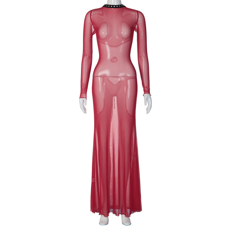 Autumn Women's Clothing Sexy Mesh Backless Lace Up Sleeve Super Long Dress
