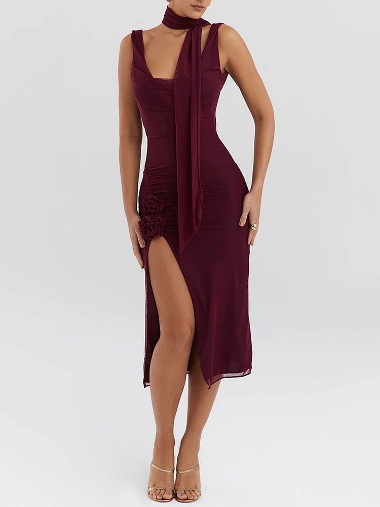 3D Flower Backless Mesh Midi Dress