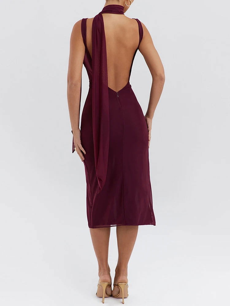 3D Flower Backless Mesh Midi Dress