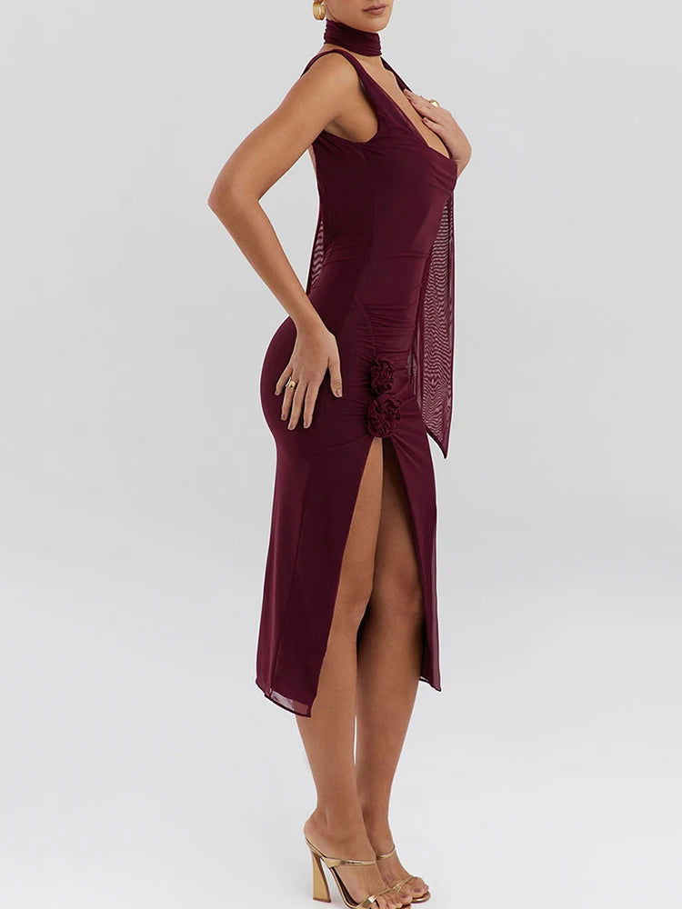 3D Flower Backless Mesh Midi Dress