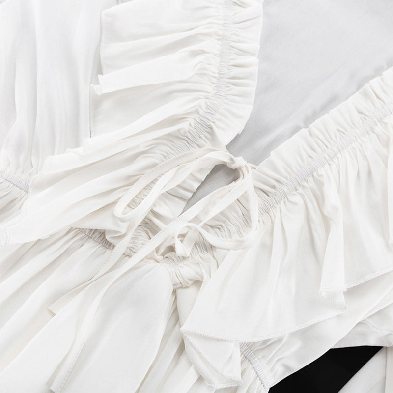 Lady Temperament Commuter Deep V-neck Design Pleating Bell Sleeve Ruffles White Waisted Dress