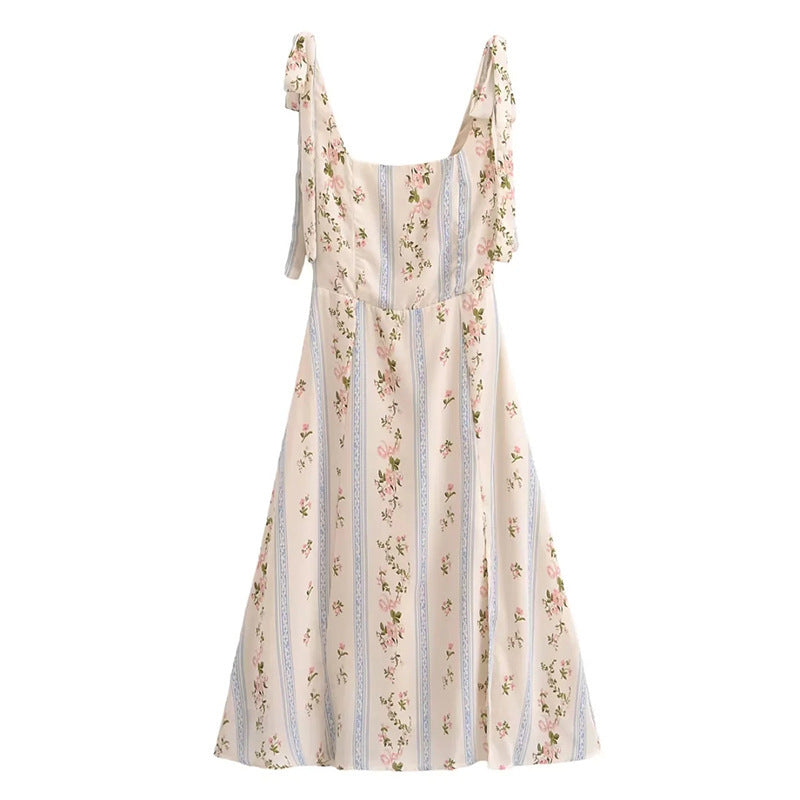Floral Print Slim Fit Side Split Tied Dress