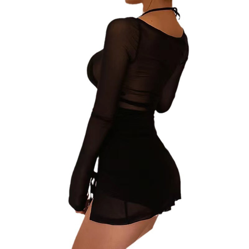 See-through Sexy Mesh Long Sleeve Slit Short Dress