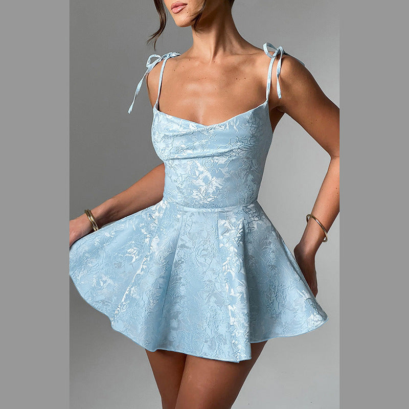 European And American Style Jacquard Texture Spaghetti Straps Slimming A- Line Dress