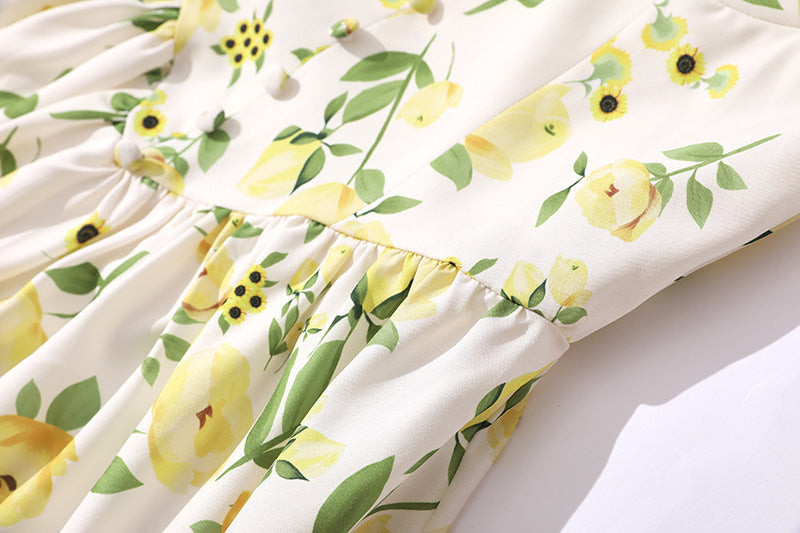 Pastoral Floral High-grade Fishbone Tube Top Cinched Waist Short Skirt Square Collar Puff Sleeve High Waist Print Sweet Dress