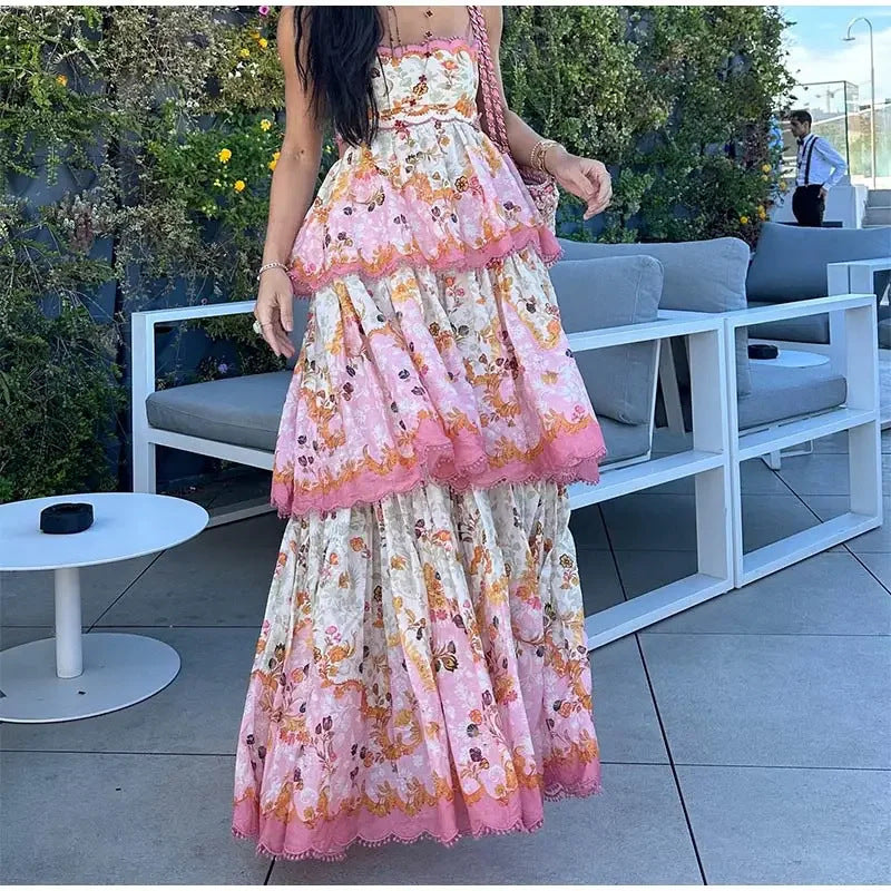 Ruffled Printed Sleeveless Backless Slip Dress