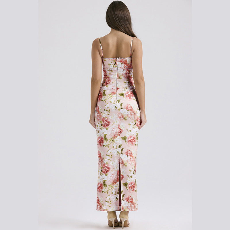 Spring NEW Long Elegant Printed Lace Suspender Dress Women's Clothing
