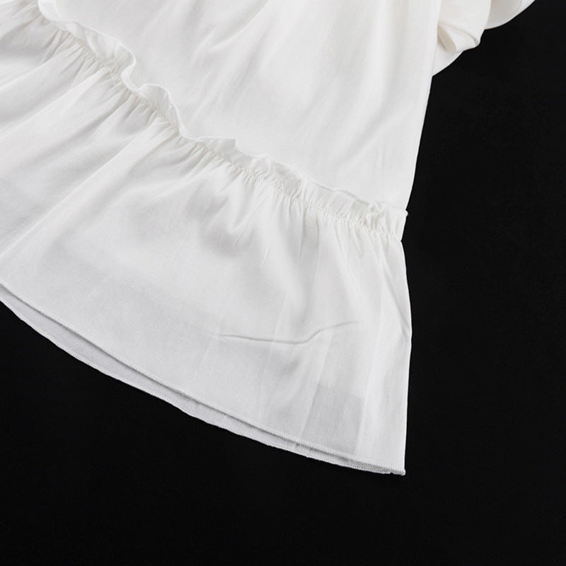 Lady Temperament Commuter Deep V-neck Design Pleating Bell Sleeve Ruffles White Waisted Dress