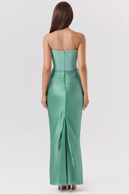 Green Satin Strapless Corset Maxi Dress