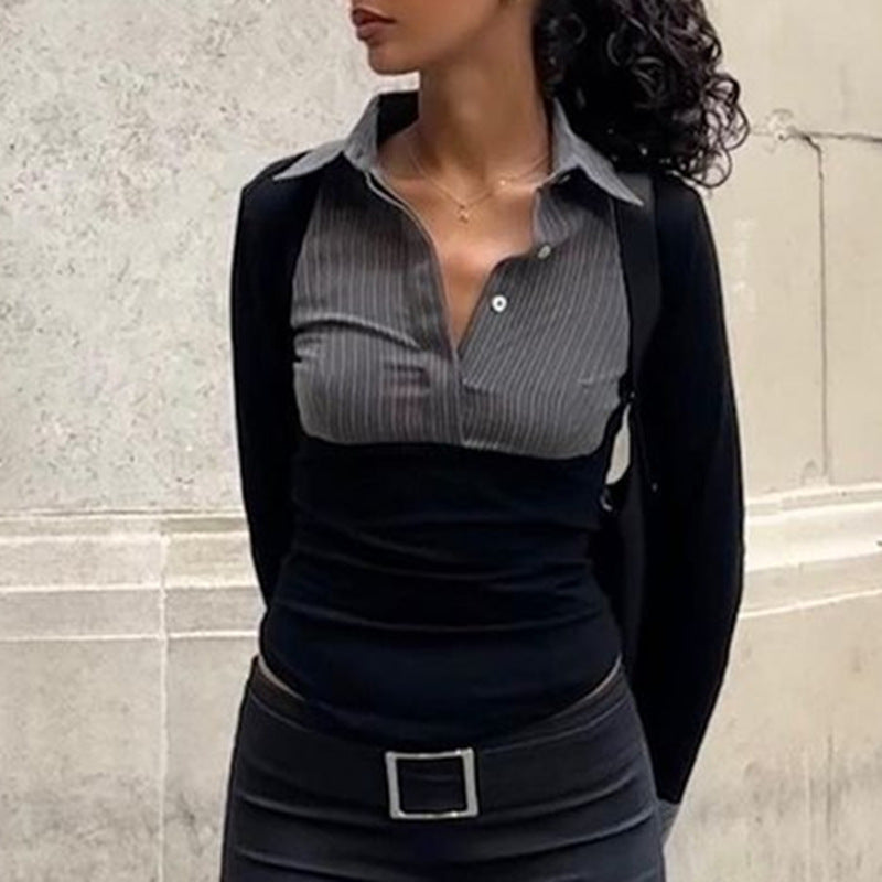 Women's Temperament Color Matching Striped Polo Collar Long-sleeved Top